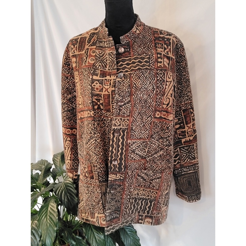 Chicos Size 2 Brown Tribal Patchwork Print Button Front Cotton Jacket India